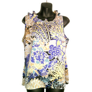 Talbots 2X Petite Ruffle Neck Blue Yellow Tan Sleeveless Blouse